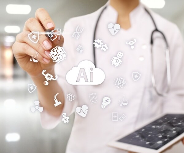 doctor in white coat holding a tablet and AI written in air in front