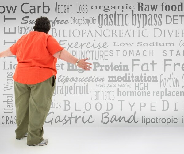 Obese woman in front of wall with endless weight-loss strategy terms