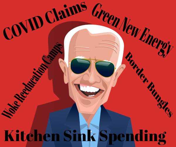 cartoon of smiling biden with sunglasses surrounded by words representing his failures in office