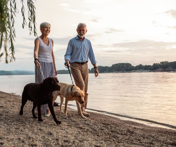 man and woman walking their dogs