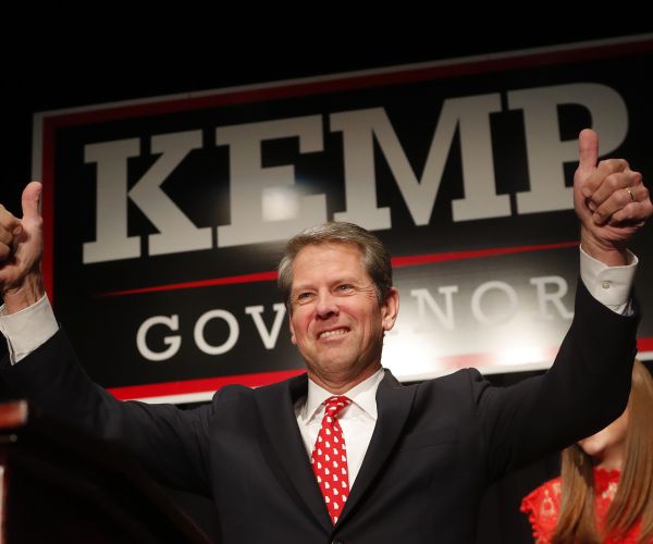 georgia republican gubernatorial candidate brian kemp gives a thumbs-up to supporters.