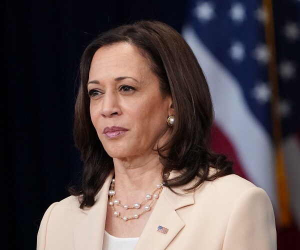 kamala harris stands in front of american flag