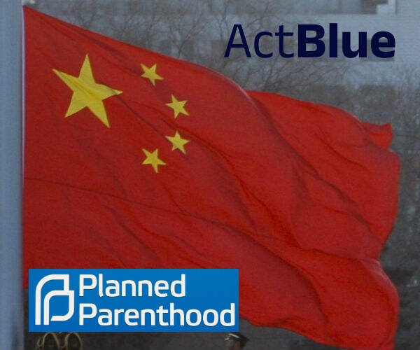 a billowing chinese flag with act blue and planned parent logos above and below it