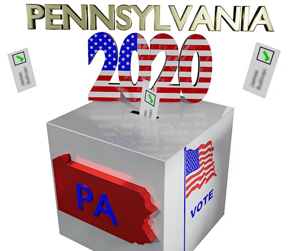 pennsylvania 2020 election illustration showing a ballot box and mail-in ballots flying into it