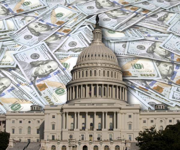 united states capitol building with hundred dollar bills in the sky