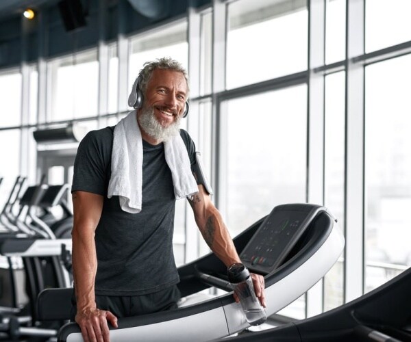 man on treadmill in gym, towel around neck, smiling