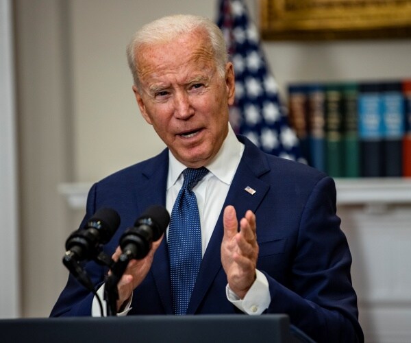 President Joe Biden speaks in the Roosevelt Room.