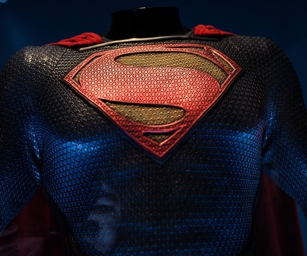 the man of steel's costume is on display, without the man