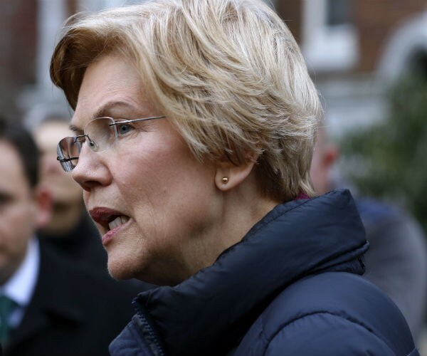 massachusetts democratic senator elizabeth warren wearing a winter coat and glasses speaks to reporters