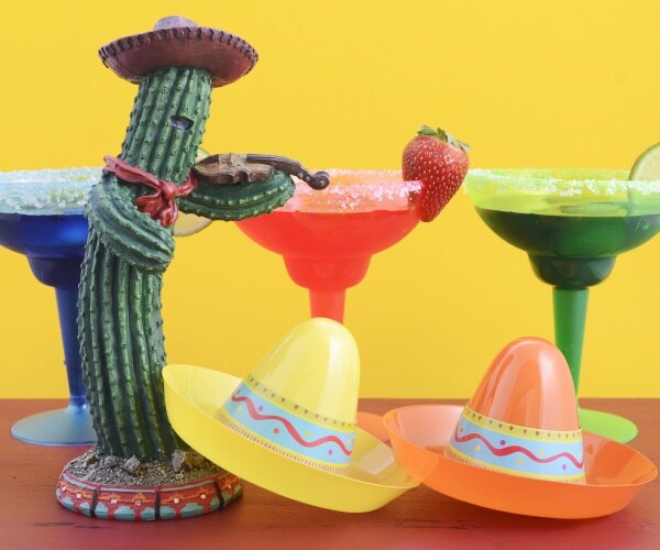 cinco de mayo celebration, margaritas, plastic cactus, hats