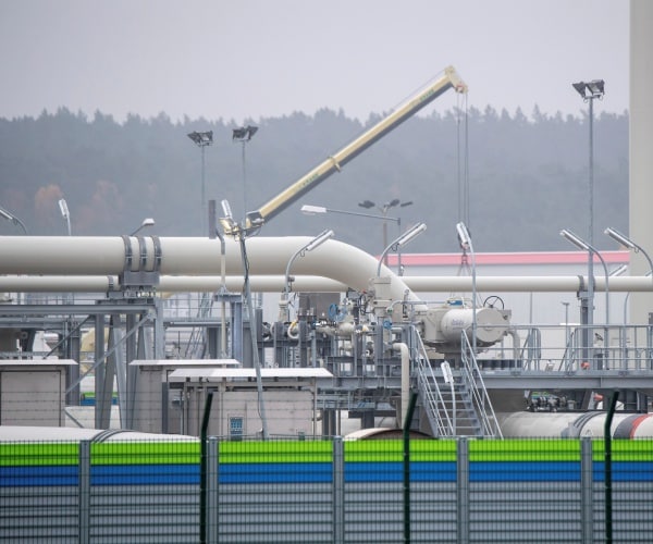 A view of pipe systems and shut-off devices at the gas receiving station of the Nord Stream 2 pipeline.