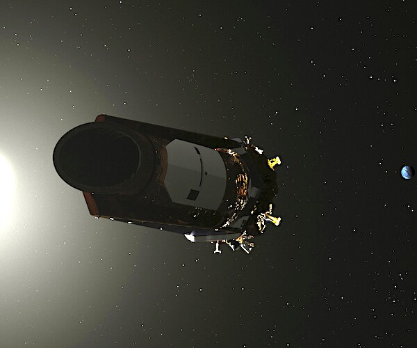 the kepler space telescope in space with the light from the sun coming from the left and shining on earth, a tiny dot