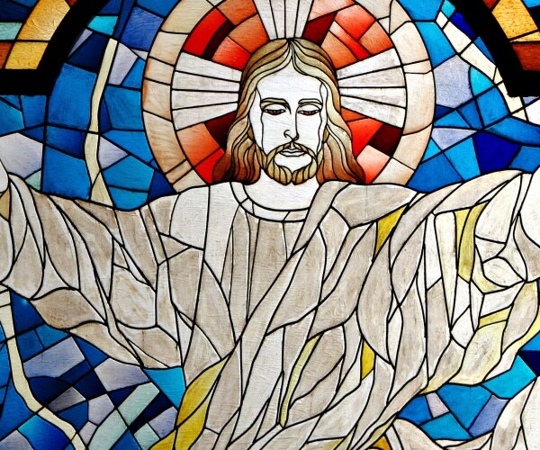 modern rendition of jesus christ church stained glass pane