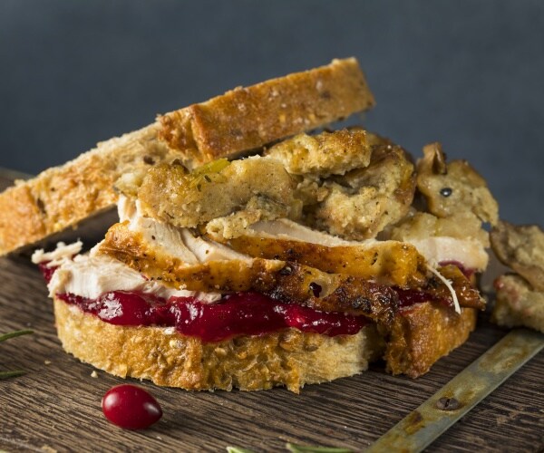 Turkey, stuffing, cranberry sauce sandwich from Thanksgiving leftovers