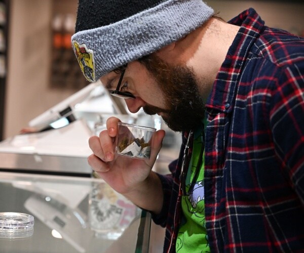 a bearded man in a beanie smells marijuana in a open jar