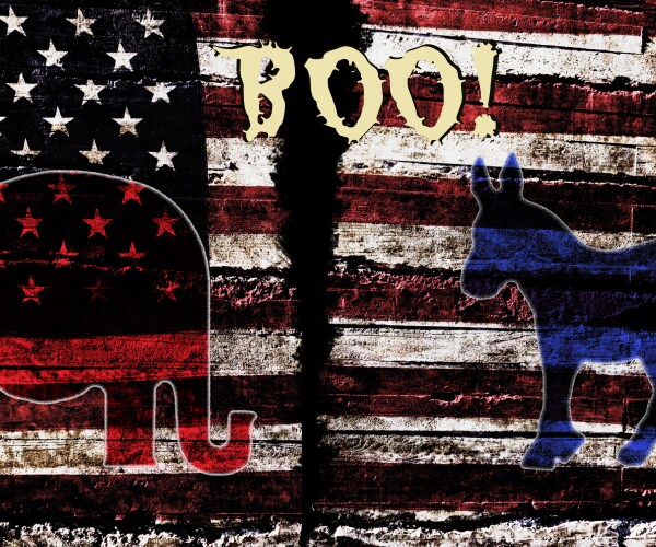 republican elephant and democratic donkey in front of a torn american flag and the word boo