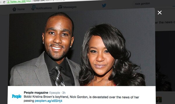 Nick Gordon Is 'Devastated' by Girlfriend Bobbi Kristina's Death