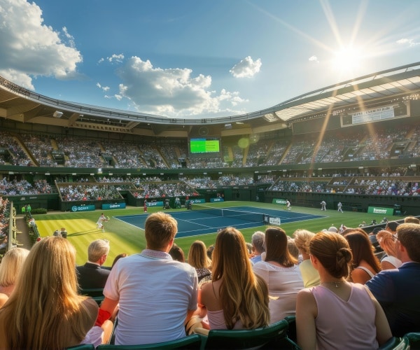 people watching tennis on a sunny day in a large stadium