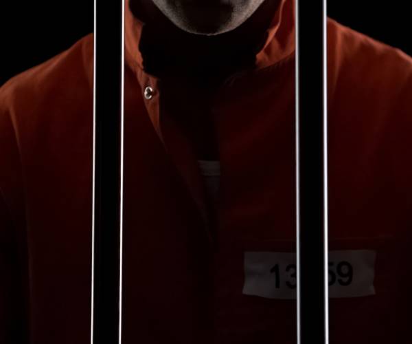 prisoner in orange jumpsuit behind bars