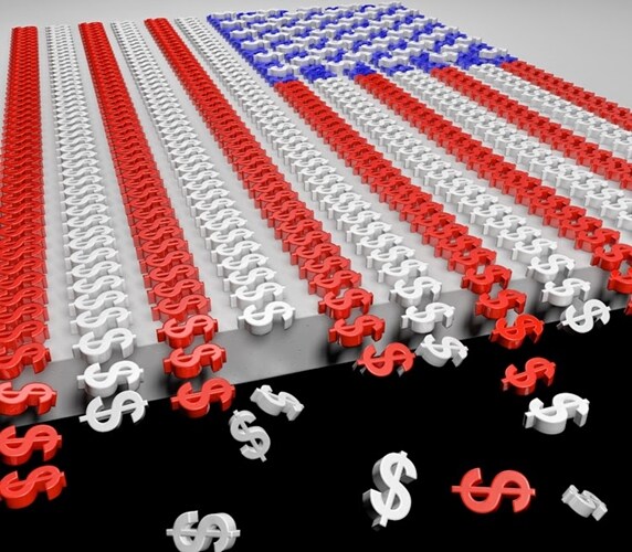 Crumbling US flag breaking into dollar sign pieces fraying at edge end