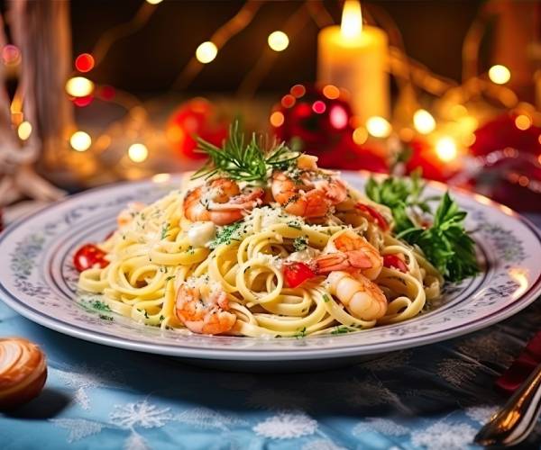 pasta with seafood on a christmas background