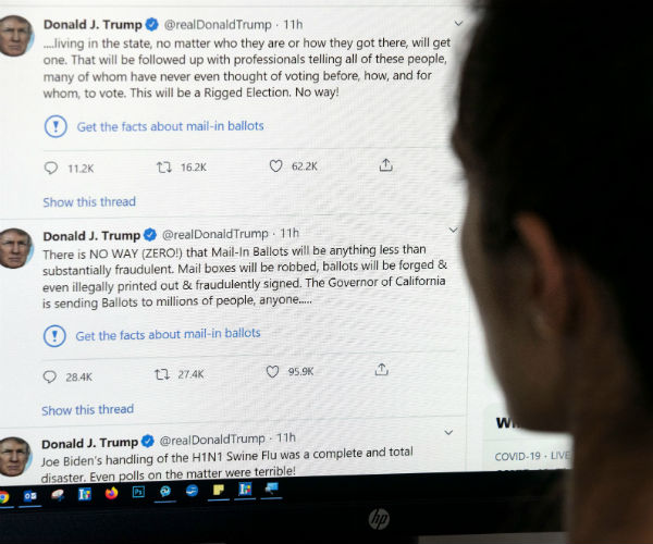 donald j. trump's twitter account is shown with fact check labels on two of his posts