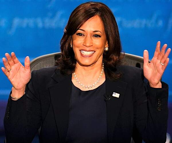 kamala harris smiles wide during the vice presidential debate in utah