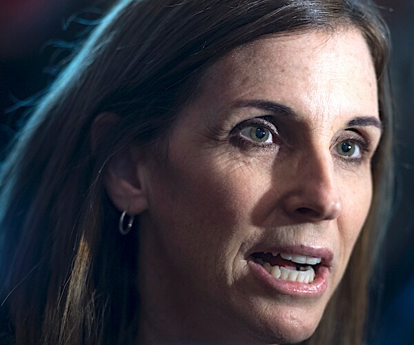 martha mcsally looks on and speaks to the media during a campaign event