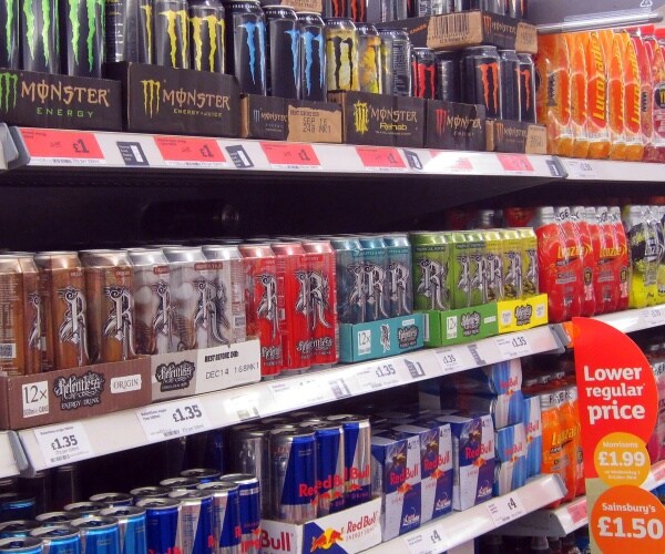 energy drinks on shelves in supermarket