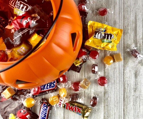 plastic pumpkin filled with halloween candy