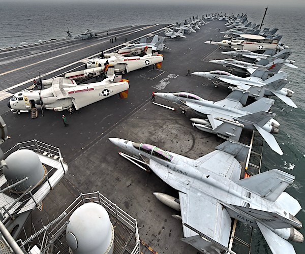 The deck of the USS Theodore Roosevelt with planes stacked up