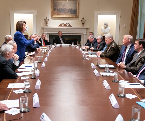 house speaker nancy pelosi and president donald trump during a white house meeting on october 16, 2019