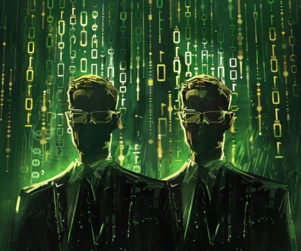 two men appearing to be in the matrix movie with coding ones and zeros surrounding them