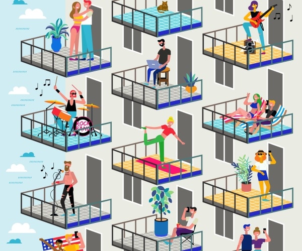 illustration of people on porches exercising, gardening, playing music, dancing, etc.