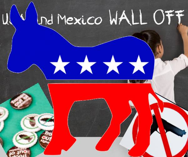 democrat donkey logo with a girl writing on blackboard to end the border wall and logos of no guns and no bombs logos