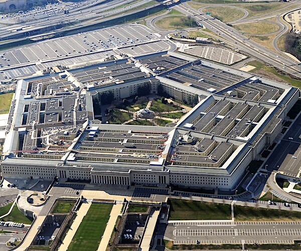 the pentagon and its surroundings are shown from an aerial view