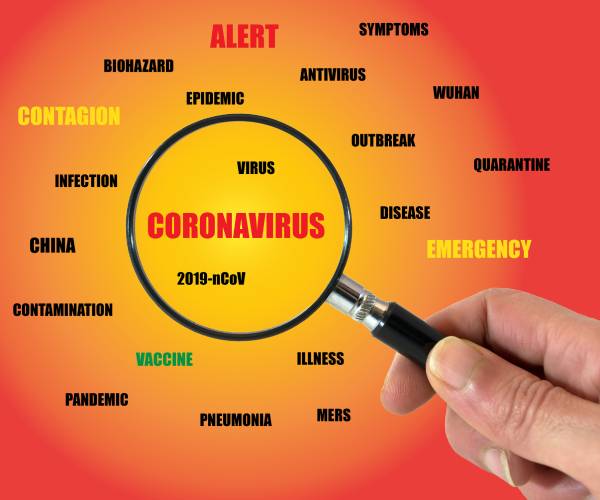 magnifying glass looking at the word coronavirus