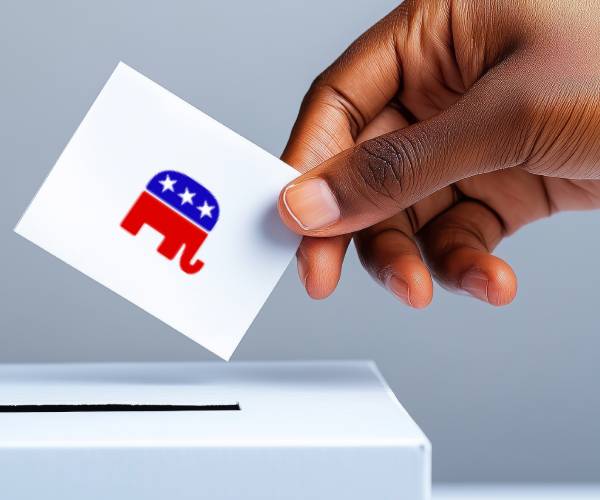 a black voter putting a ballot with a republican party logo on it into a voting box