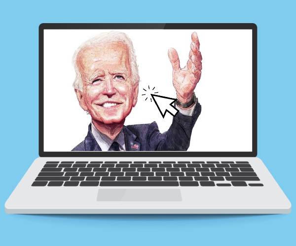 cartoon of joe biden's image on a laptop computer screen