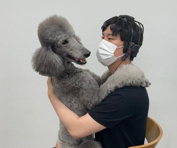 A male study participant hugs poodle. 