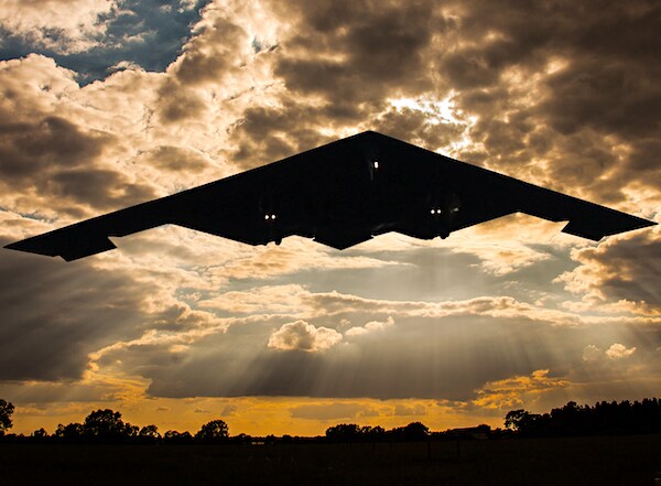 USAF B2 spirit stealth bomber flying / landing at RAF Fairford, England, June 8th 2015.