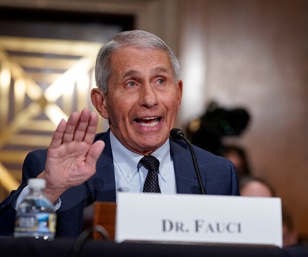 anthony fauci raises his hand while speaking at hearing