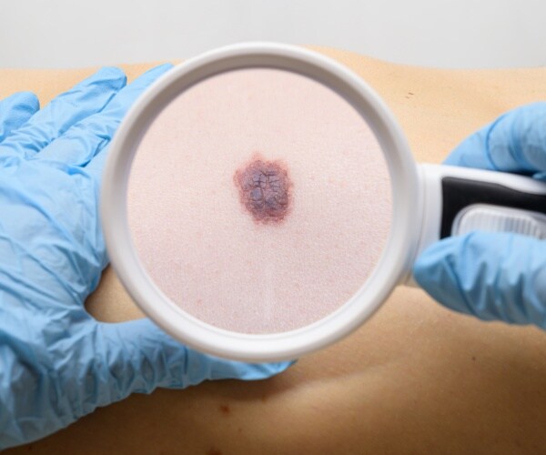 doctor looking at spot on patient's skin with magnifying glass