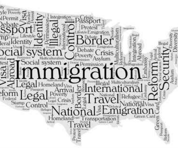 graphic shows a us map with the word immigration displayed