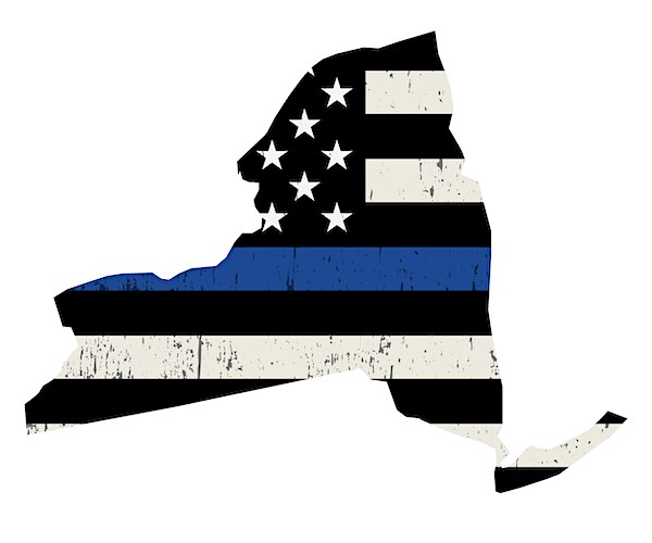 a state of new york map is covered with a flag and symbols of blue lives matter