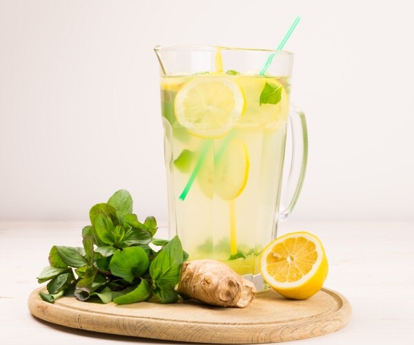 ginger, mint, lemon in pitcher of iced water