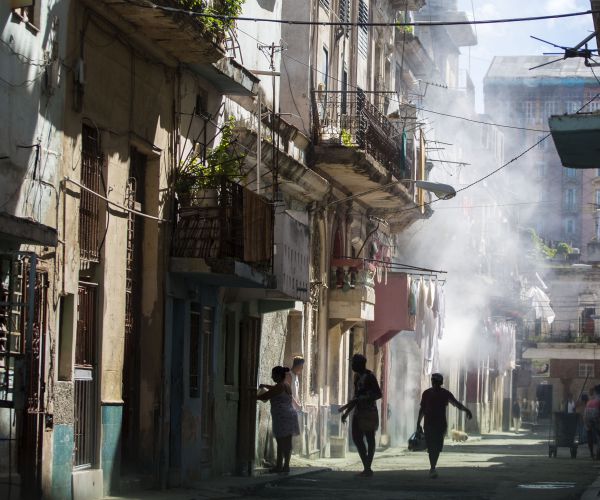 government fumigators walk on a street after spraying homes for mosquitoes in havana, cuba. 