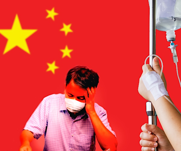 a chinese flag with a sick man bowing his head and a patient on an eye vee