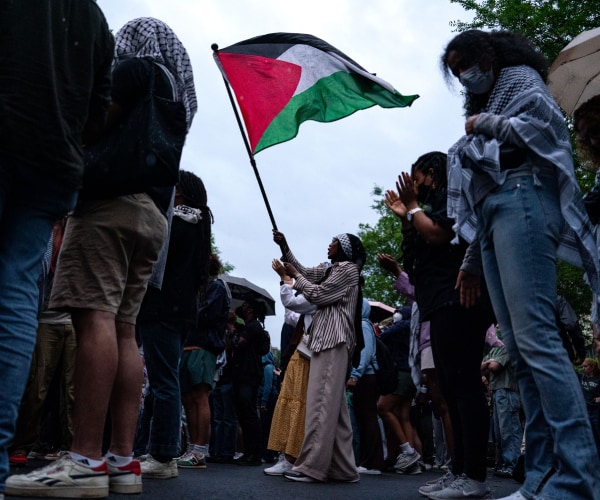 protesters with one waving a palestinian flag