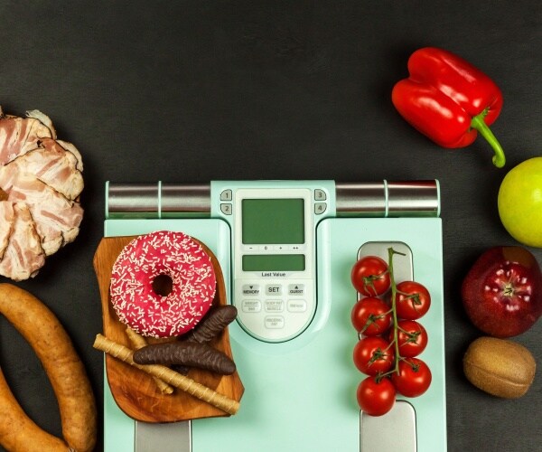 scale with healthy and unhealthy foods on it